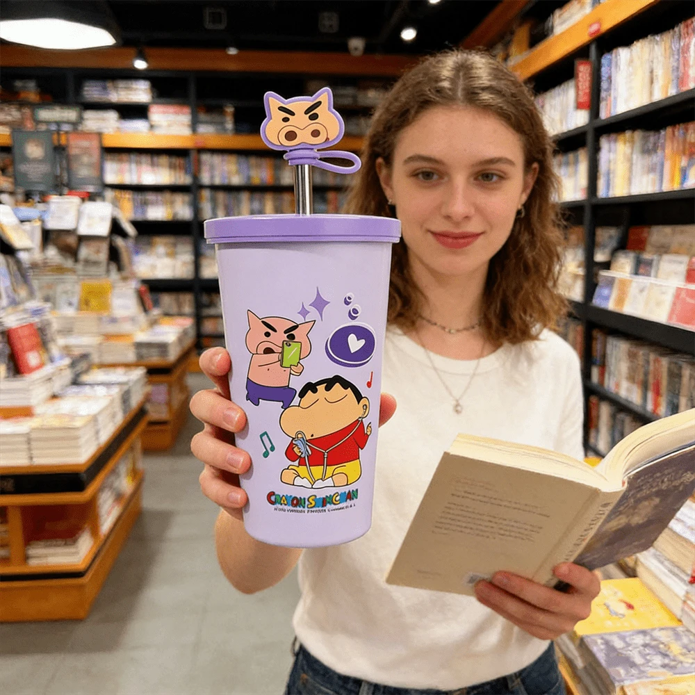 635ml/21.47oz Anime Crayon Shin-Chan Stainless Steel Insulated Cup, Cute Design, Straw Cup, Thermos Bottle, Water Bottle, Insulated Cup, Holiday Gift - Purple - View 1
