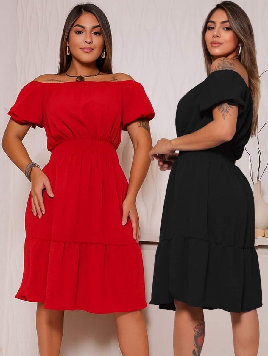 Set Of 2 Women's Casual Dresses In Vibrant Colors With Ruffles And Short Sleeves - Elegant - 紅色 - 查看 1