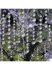 1 Set Silver Disco Mirror Ball Hanging Decor String, Holiday Theme Party & Birthday Decor, Disco Music Theme Party, Club, Wedding And Music Festival, Home Decor, Disco Ball Tree Decoration - Silver - View 1
