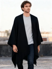 Men's Minimalist Solid Color Casual Lightweight Poncho Shawl, Suitable For Outdoor And Daily Use, Spring/Autumn - Multicolor - View 3
