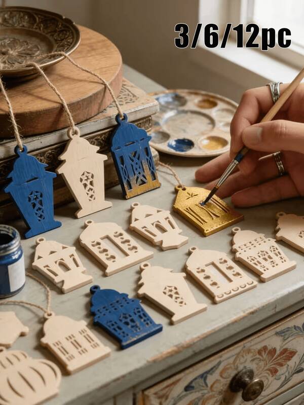 12 Pieces Of Cabin Holiday Decoration Wooden Plaques, Ramadan Decoration Pendants, Cabin Hollow Shaped Wooden Plaques With Hemp Rope, Can Be Hung At Home Or On Trees As Background Decoration, Atmosphere Maker, Eid Al Mubarak, Arabic Wooden Decoration Crafts, Holiday Party Decoration Cabin Wooden Plaque Decoration, Valentine'S Day, Christmas, New Year, Party Decoration, Ramadan Gifts