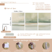 3幅现代海岸线条抽象风景水彩画，灰绿色调，帆布水墨画，春季墙面装饰画，可选择带框或不带框，家居装饰，理想的乔迁礼物，适用于宿舍、公寓、酒店、客厅、卧室、浴室、办公室墙面装饰 - 彩色 - 查看 14