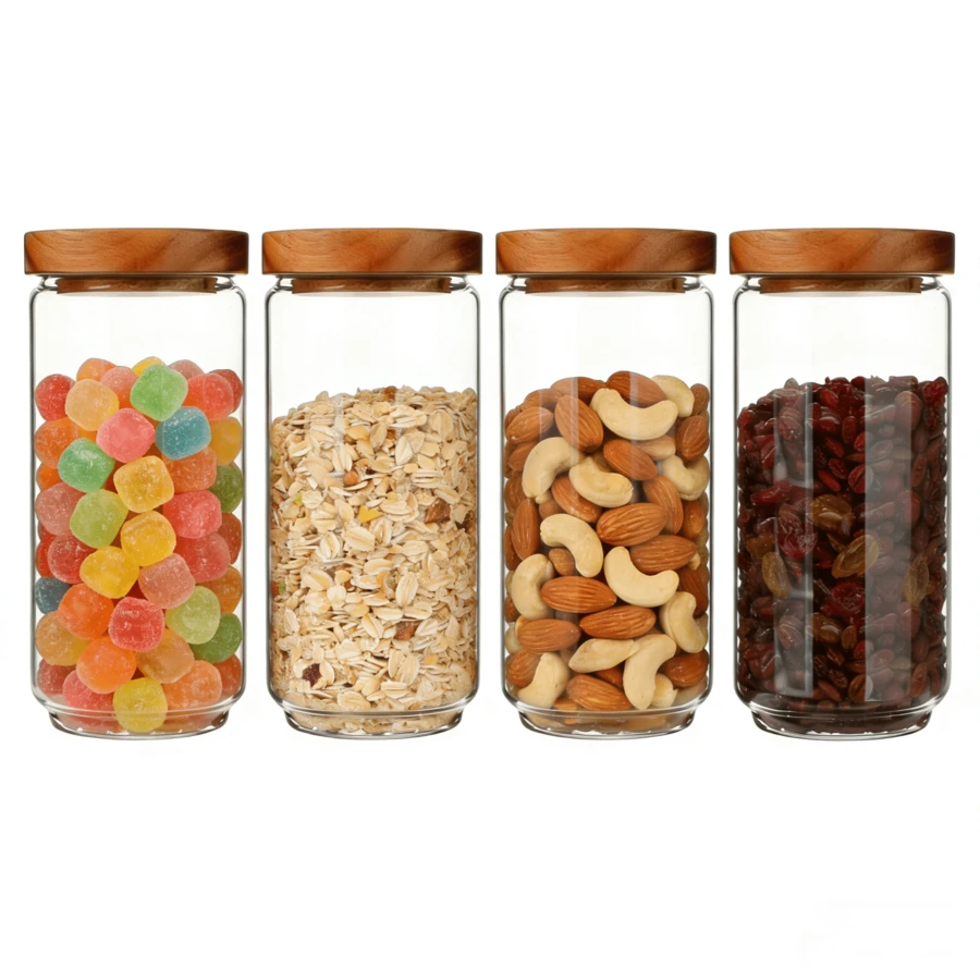 4 Pack Glass Storage Jars With Airtight Wood Lid, 34 OZ Glass Kitchen Canisters, Clear Container For Coffee Bean Storage, Dry Goods, Cookie, Candy, Tea, Spices And More - Trong sáng - Xem 1