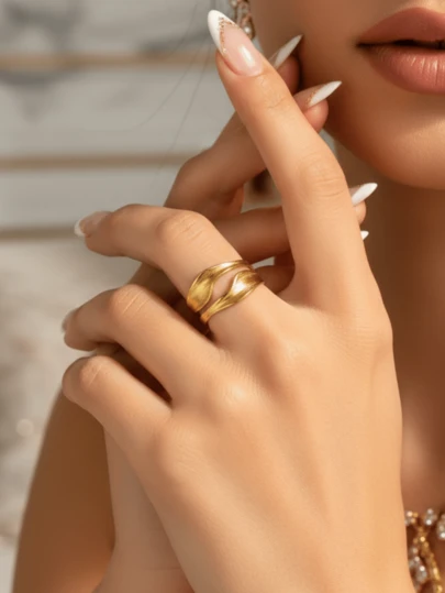 1 pieza Anillo abierto de acero inoxidable, estilo de lujo personalizado, anillo de curva geométrica irregular, elegante, esencial para damas