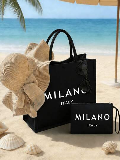 Linen Tote Bag, Including A "MILANO ITALY" Lettering Printing Tote Bag And A Printed Small Bag, Letters, Flowers, Personalized Gift Package, Combination Of Small And Large Bags, Suitable For Weddings, Birthdays, Beaches, Holidays, Making It The Perfect Gift For Women, Mothers, Teachers, Friends, Bridesmaids, Big Bags, Students, And Returning To School ﻿
