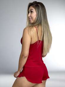 Pijama Baby Doll Malha Fria Tecido Fresquinho Roupa De Dormir Short Molinho Confortavel Langerie Sensual Renda - Vermelho - Visão 3