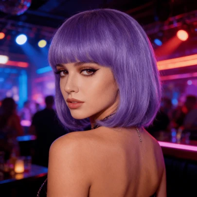 轻盈蓬松的内扣刘海波波头假发，亮紫色低温纤维材质，外观自然，易于造型，是角色扮演、日常佩戴和派对的理想之选，具有修饰脸型和显瘦的效果。