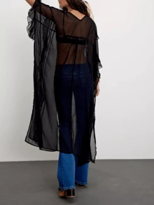 Women Chiffon See Through Flowy Maxi Top Tie Front Kimono Cardigan Sheer Long Sleeve Ruffled Duster Layering Shirt Cover Up - Black - View 2