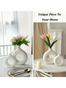 1 pièce Vase en forme de donut fait main, style bohème minimaliste moderne, décoration florale, convient pour le salon, la chambre, le bureau, la table de mariage, la fête, la décoration de la maison, le vase, la décoration de table, cadeau d'anniversaire et de remise des diplômes, vase en plastique - Blanc 1 pièce - Voir 10
