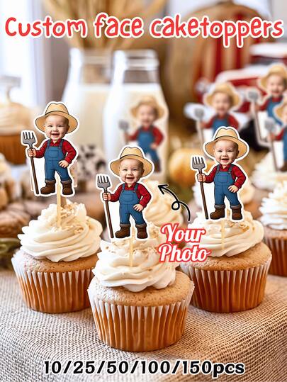 10/25/50/100/150pcs Customized Dessert Table Decor, Personalized Farm Owner Face Cake Toppers + Toothpicks, Can Customize Your Photo, Suitable For Small Farm Owner, Harvest Party, Farm Birthday Party, Country Baby, 1st Birthday Gift, Small Farm Owner Design Fits Farm Theme Very Well