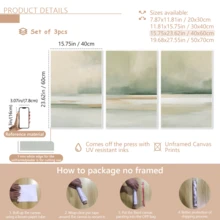 3幅现代海岸线条抽象风景水彩画，灰绿色调，帆布水墨画，春季墙面装饰画，可选择带框或不带框，家居装饰，理想的乔迁礼物，适用于宿舍、公寓、酒店、客厅、卧室、浴室、办公室墙面装饰 - 彩色 - 查看 18