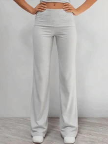 Women Daily Casual Soft Comfy Knit Fabric High Waist Elastic Waistband Slim Fit Flared Leg Solid Color Basic Long Trousers - Grey - View 3