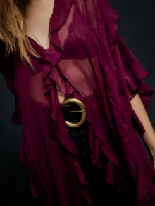 Women Chiffon See Through Flowy Maxi Top Tie Front Kimono Cardigan Sheer Long Sleeve Ruffled Duster Layering Shirt Cover Up - 紫色 - 查看 2