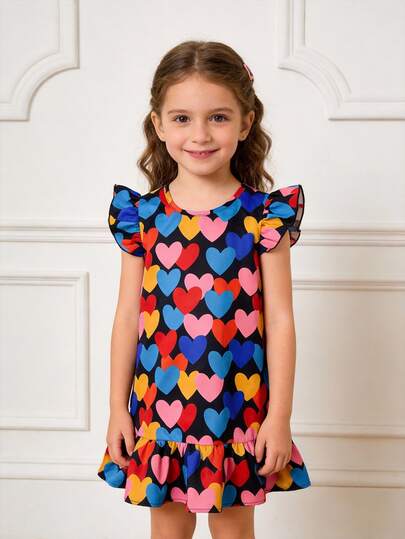 Girls' Rainbow Heart Print Dress, Cap Sleeve A-Line Doll Dress With Ruffle Hem, Sweet Princess Style Casual Vacation Versatile Dress