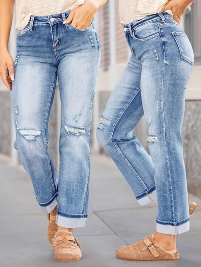 New Women's Fashion Elastic Distressed Skinny Jeans With Pockets - Elastic Straight Leg Jeans