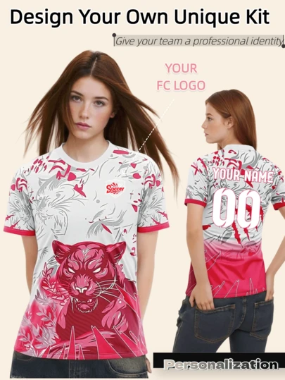 1pc Customized Women's Leopard Print Soccer Jersey - Personalize With Name & Number, Vibrant Pink & White Floral Pattern, Breathable Athletic Outfit, Add Your Team Logo For A Unique Look, Suitable For Female Players, Team Matches And Everyday Sportswear, Perfect For Valentine's Day