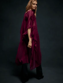 Women Chiffon See Through Flowy Maxi Top Tie Front Kimono Cardigan Sheer Long Sleeve Ruffled Duster Layering Shirt Cover Up - 紫色 - 查看 4