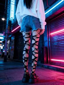 1 双黑色不规则镂空渔网袜，哥特朋克尼龙踩脚袜，镂空设计，高腰弹力，非常适合万圣节、锐舞派对、夜店装和日常街头装。 - 黑色 - 查看 2