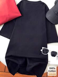 女士宽松休闲卡通印花中长短袖T恤，时尚黑色，适合夏季穿着 - 黑色 - 查看 3