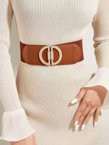 Women's Vintage Wide Elastic Waist Belt, Thick Elastic Leather Belt With Buckle Design, Suitable For Dresses And Coats, Campus Autumn Style - Black - View 3