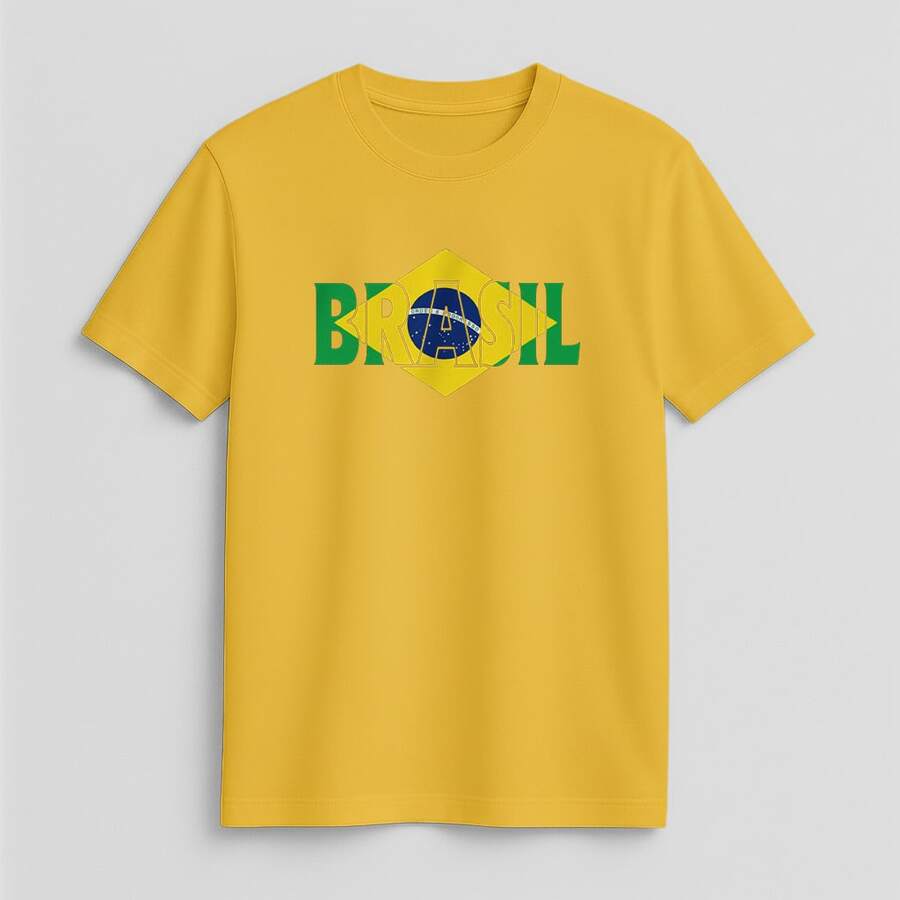 Camiseta Básica 100% Algodão Brasil Bandeira Futebol Campeão Camisa Unissex - Amarelo - Visão 1