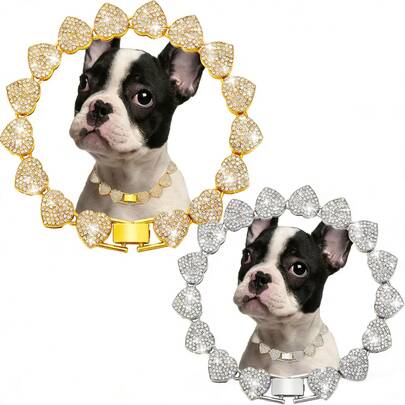 2件套心形宠物链，金银双色狗狗项链，宠物合金项圈镶嵌水钻，嘻哈风格配饰，适合日常佩戴和派对场合