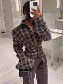 Women's Plaid Ruffle Hem Long Sleeve Casual Side Slit Hem Shirt, Autumn Spring - Dusty Purple - View 5