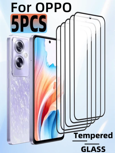 5 piezas Protector de pantalla de vidrio templado de cobertura completa, compatible con OPPO, superficie suave, alta definición y dureza, antihuellas, antirayones, antióleo, antifragmentación, fácil instalación, sin bordes blancos, sin burbujas, compatible con fundas de teléfono