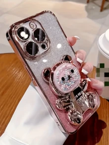 Luxury Plated 3D Cute Bear Concealed Stand+6D Sparkling Pink Paper+Silver Edge Phone Case, Romantic Love Beaded Bear Concealed Stand, Suitable Compatible With Apple 16, 15, 14, 13, 12, 11 Pro Max, Transparent Shockproof And Anti Drop Soft Protective Case - Silver - View 6