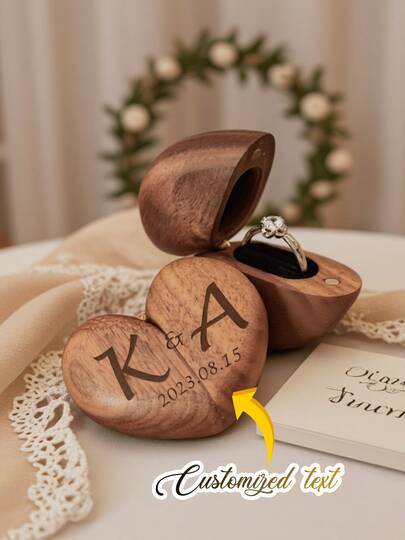 1pc Custom Heart Walnut Ring Box, Engraved Wooden Ring Holder,Velvet Inserts, Personalized Proposal Holder,Elegant Bridal Gift,Perfect For Storing And Displaying,Ideal For Proposals And Special Occasions,For For Engagement,Wedding,Anniversaries,Valentine's Day,Mother's Day,Birthdays,Graduation,Ideal Gifts For Honey Him, Her, Brides, Bestie, Wife,Husband,Boyfriend,Girlfriend,Dad,Mom,Family
