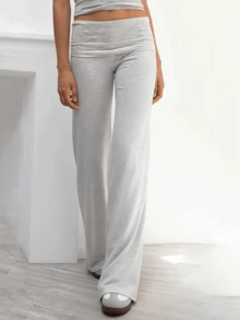 Women Daily Casual Soft Comfy Knit Fabric High Waist Elastic Waistband Slim Fit Flared Leg Solid Color Basic Long Trousers - Grey - View 4