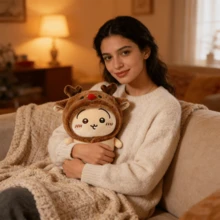 千川系列小型站立毛绒玩偶，圣诞驯鹿头饰兔兔毛绒玩偶，生日及节日礼物 - 黃棕色 - 查看 5