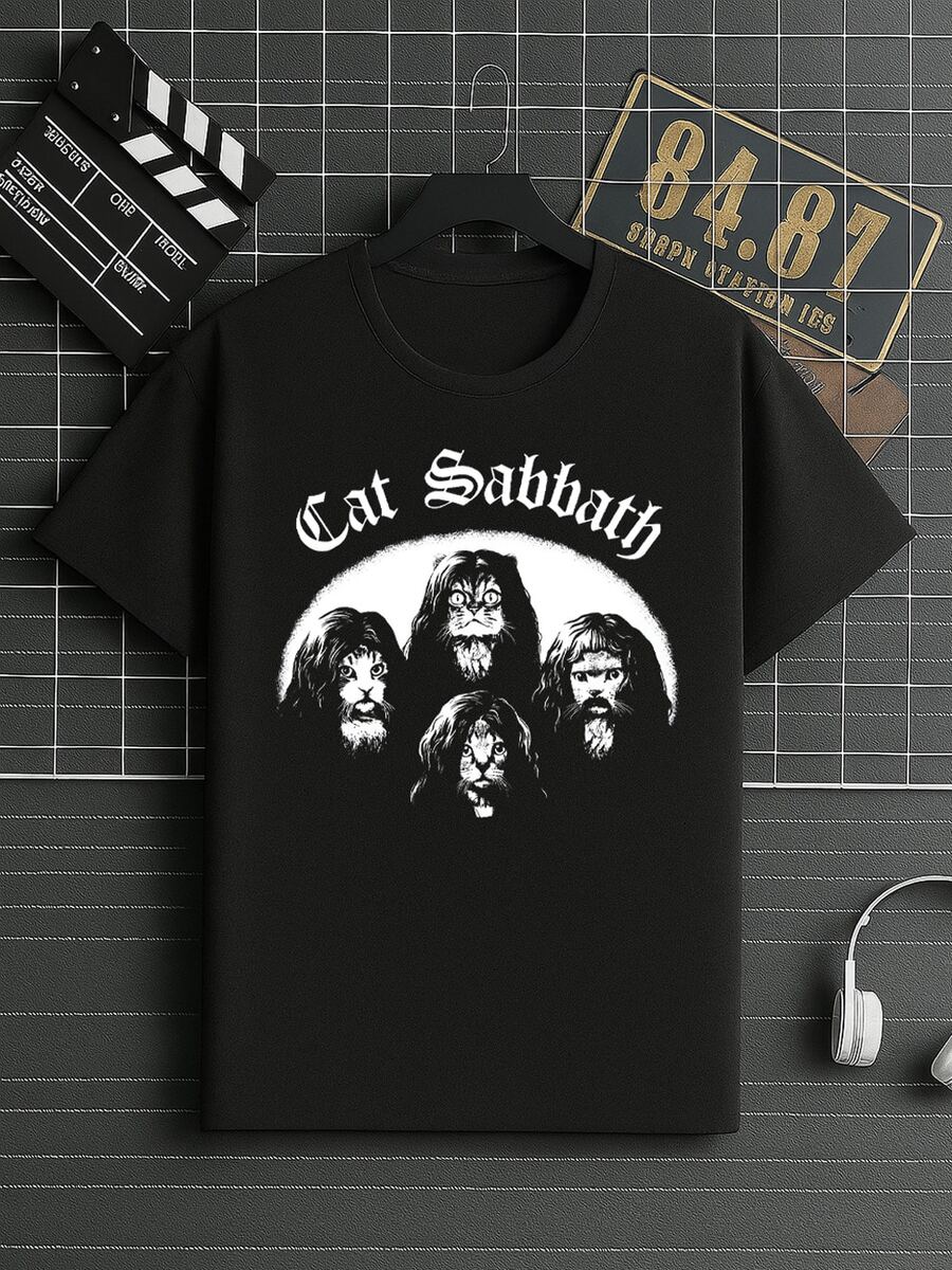 Cat  Band T-Shirt, Rock Music, Metal, International, Unisex Shirt/Blouse, Men's/Women's, 100% Cotton, Premium Top, Streetwear, New Release, Immediate Shipping, Various Colors!! Plus Size - 黑色 - 查看 1