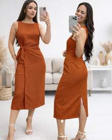 Women's Tailored Midi Dress With Elegant Side Tie - 紅陶 - 查看 1