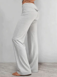 Women Daily Casual Soft Comfy Knit Fabric High Waist Elastic Waistband Slim Fit Flared Leg Solid Color Basic Long Trousers - Grey - View 5