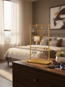 奢华金色多层耳环架，多孔耳环收纳盒，梳妆台首饰展示架 - A - 查看 3