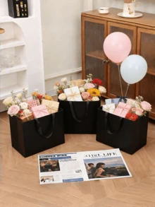 10pcs Black Paper Gift Bags, Suitable For Business, Crafts, Groceries, Parties, Shopping, Birthdays, Retail Goods, Weddings And Black-Themed Holiday Gifts. The Gift Bags Come In 3 Sizes And Are Also Suitable For Valentine's Day. - Black - View 1