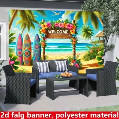 1件装，充满活力的热带海滩欢迎横幅 - 涤纶材质，饰有色彩鲜艳的冲浪板、棕榈树和鲜花 - 非常适合派对装饰、摄影背景、室内/室外使用、海滩主题装饰、婚礼、派对、拍照背景、家居装饰 - 多功能室内/室外装饰、婚礼装饰、活动背景、精美设计、高品质印刷、装饰背景、活动策划、派对背景