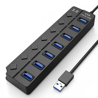 1 قطعة محور USB 3.0، محور USB 7 منافذ مع مفتاح تشغيل/إيقاف تشغيل فردي وضوء مؤشر، متوافق مع أجهزة الكمبيوتر المحمول USB-C مثل Pro و iMac و iPad Pro وأجهزة USB-C الأخرى