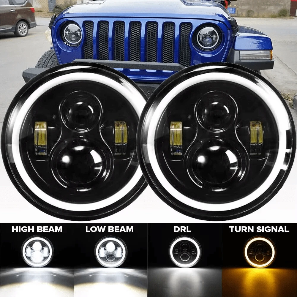 7-Inch LED Headlight With White Halo Angel Eyes, LED Headlight With High/Low Beam And Turn Signal Light, Suitable For City 4x4 Suzuki Samurai Off-Road Vehicles