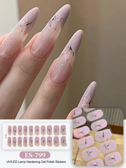 Cured Gel Nail Strips , Clear Base, 20 Pcs Gel Nail Wraps, Stickers, UV Light Required, Salon Quality, Long Lasting,ES20 Cross-Border Wholesale Drop Shipping Red Book Same Style Nail Stickers Nail Stickers For Fingertips Nails Nail Supplies
