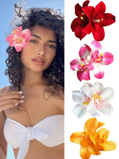 4pcs Tropical Hawaiian Style Floral Hair Clips, Colorful Artificial Gerbera Daisy Hair Clips Suitable For Summer Beach, Luau Party, Wedding, Boho Valentine's Day Wedding Hair Accessories (Red, Yellow, Pink, White), Head Accessories, Claw Clips, Hair Slide, Flower Hair Clips, Hairpin