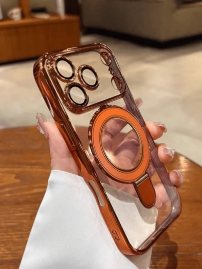 1pc Transparent Electroplated Shockproof Silicone Phone Case With Metal Sliding Stand/Shockproof Phone Case, TPU Material, Compatible With Iphone 15 Pro Max/16 Pro Max/16 Pro/11/12/13/14 Pro Max/14 Pro/13 Pro Max/16, 17, 17 Pro, 17 Pro Max/S24/S24 Ultra/S25/S25 Ultra, Supports Wireless Magnetic Charging