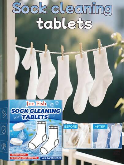 JUE FISH 12pcs Socks Cleaning Effervescent Tablets Are Suitable For Deodorizing, Gently Removing Stubborn Substances, Leaving Fragrance After Washing, Cleaning White Socks, Cleaning Socks, Yellow Stains, Gentle Cleaning, Decontamination, Multi-Functional Cleaning Tablets, Gifts For Family And Friends (New And Old Models Are Sent Randomly