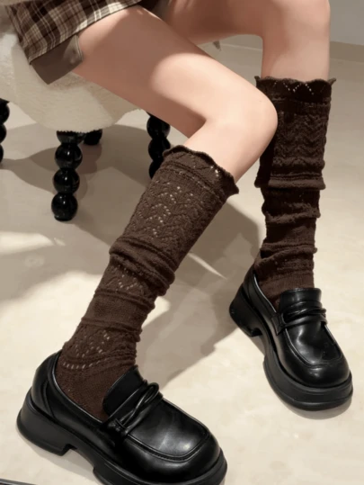 1 Pair Deep Brown Vintage Embossed Hollow Out Warm Knitted Thigh High Socks
