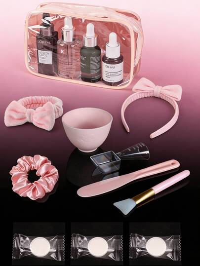 1 Set/17pcs Women Travel Organizer Set, Includes (Hair Tie + Headband + Makeup Bag + Face Mask Bowl Set + Compressed Face Towels*10), Suitable For Travel Or Daily Carry, Wedding Favor Gift Set