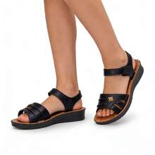 女士夏季凉鞋 - 休闲纯色，透气镂空设计，魔术贴搭扣，平底沙滩鞋，多功能平底凉鞋 | 舒适百搭 - 黑色4 - 查看 4