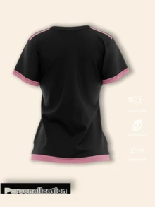 1pc Women's Personalized Black & Pink Football Jersey - Bold Gesture Pattern, Delicate Wavy Texture, Moisture-Wicking Breathable Fabric, Customize Your Name & Number, Unique On The Field, July Games, Valentine's Day Gift - Black - View 4