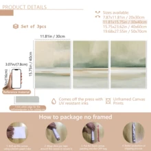 3幅现代海岸线条抽象风景水彩画，灰绿色调，帆布水墨画，春季墙面装饰画，可选择带框或不带框，家居装饰，理想的乔迁礼物，适用于宿舍、公寓、酒店、客厅、卧室、浴室、办公室墙面装饰 - 彩色 - 查看 16