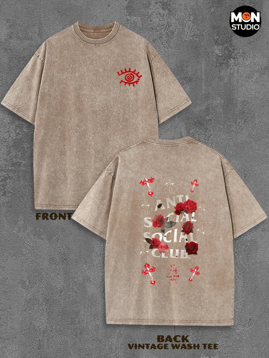 OM Studio - Retro Washed T-Shirt Double Sided Printed (230 Pure Cotton T-Shirt) Red Eyes Logo & Anti Social Club, Men's T-Shirt, Men's Casual, Comfortable, Fashionable T-Shirt, Street Style Cotton Size S XXXL, Ideal For Team Sports & Casual Attire, Gift For Family And Friends. - Coffee Brown - View 1
